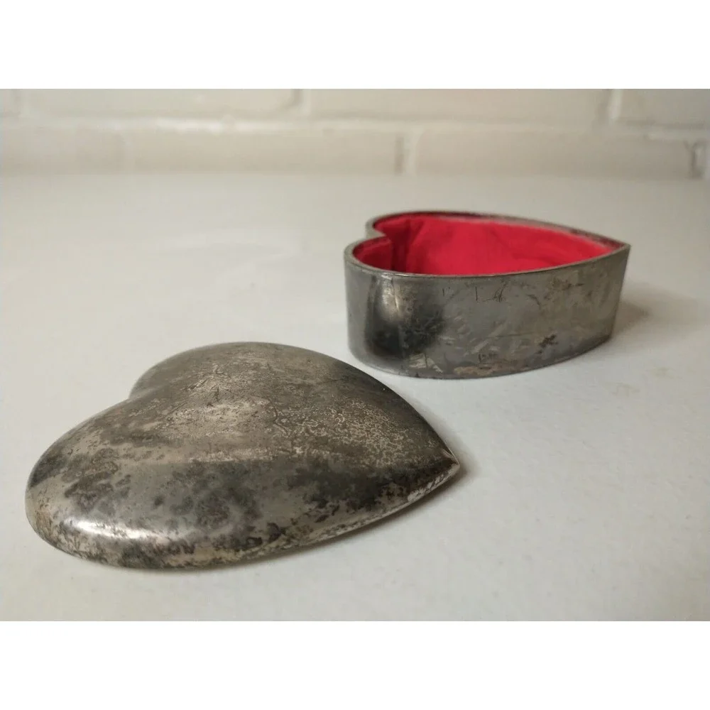 Heart Shaped Vintage Trinket Jewelry Box Silver Toned Red Lined